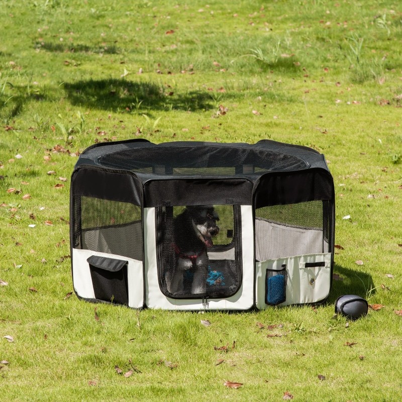 Parc enclos pliable pour chien chat petits animaux octogonal en tissu  Oxford et acier - Ø 120 x 58H cm - noir et crème